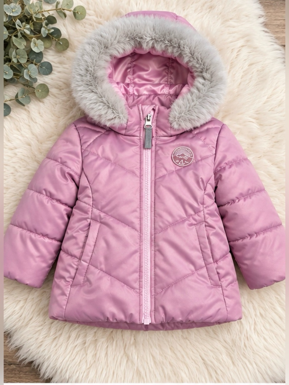 Gerry 3T Girls Pink Puffer Winter Coat Size Faux Fur Hood /